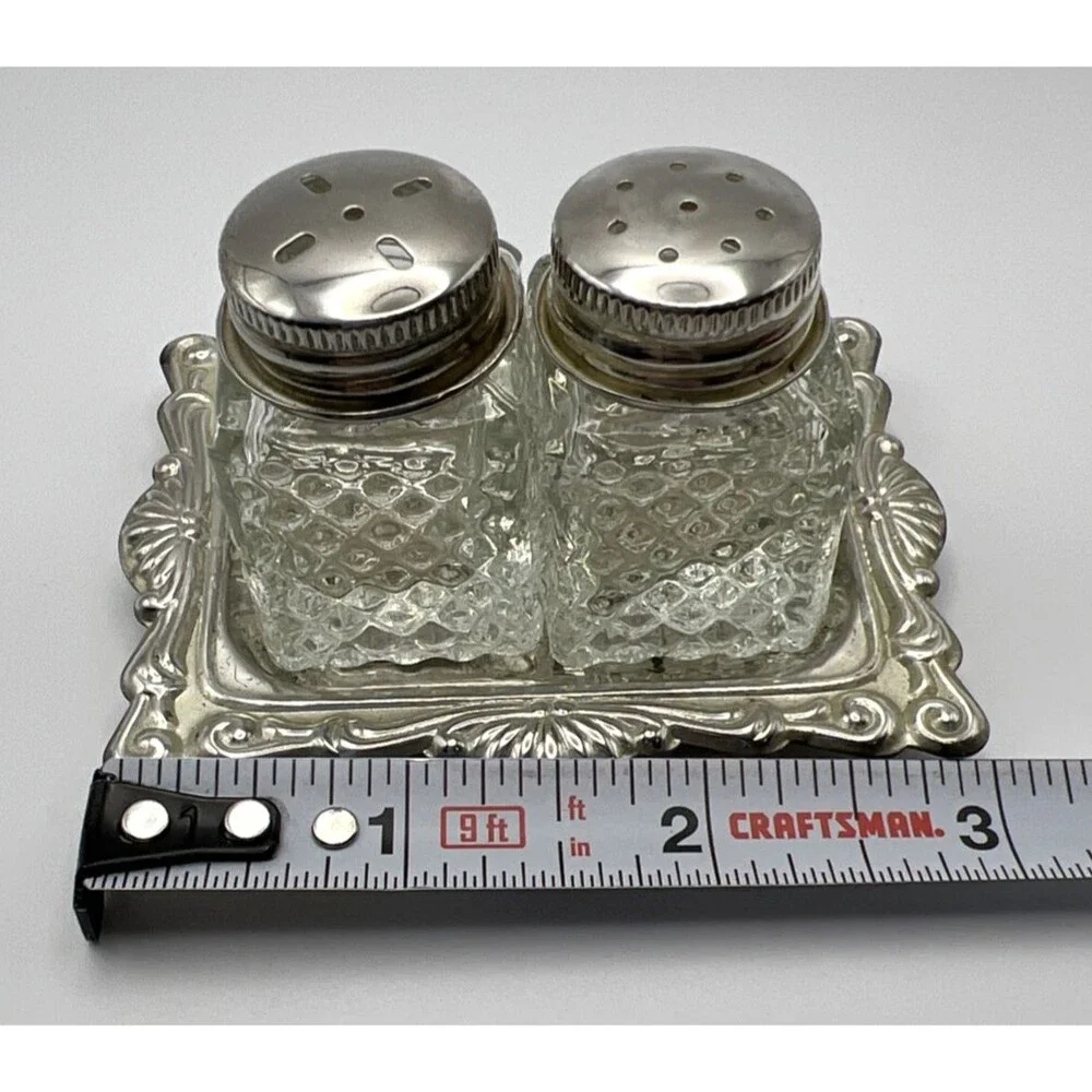 Vintage Mini Salt & Pepper Shakers With Silver Plated Tray No Cracks/Chips